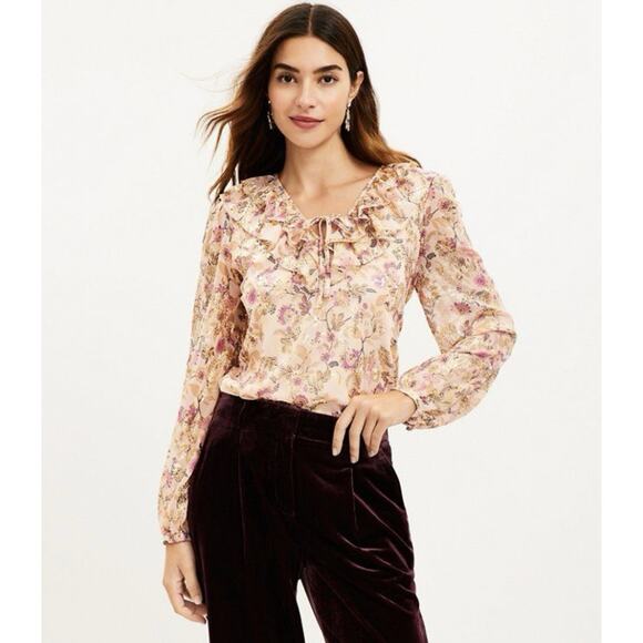 LOFT Pink Gold Long Sleeve Shimmer Ruffle Top XS NWT - Picture 1 of 6
